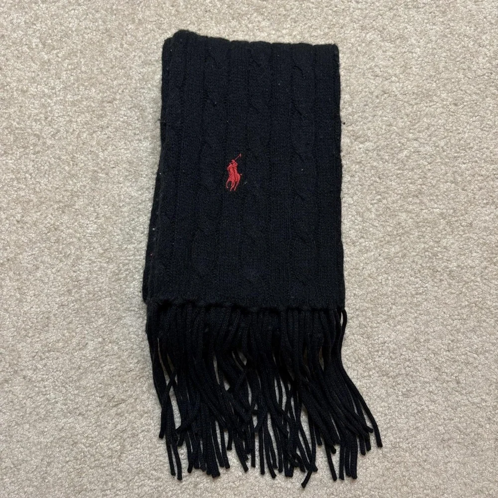 Polo Ralph Lauren Scarf One Size Black Merino Wool Cashmere Cable Knit Fringe